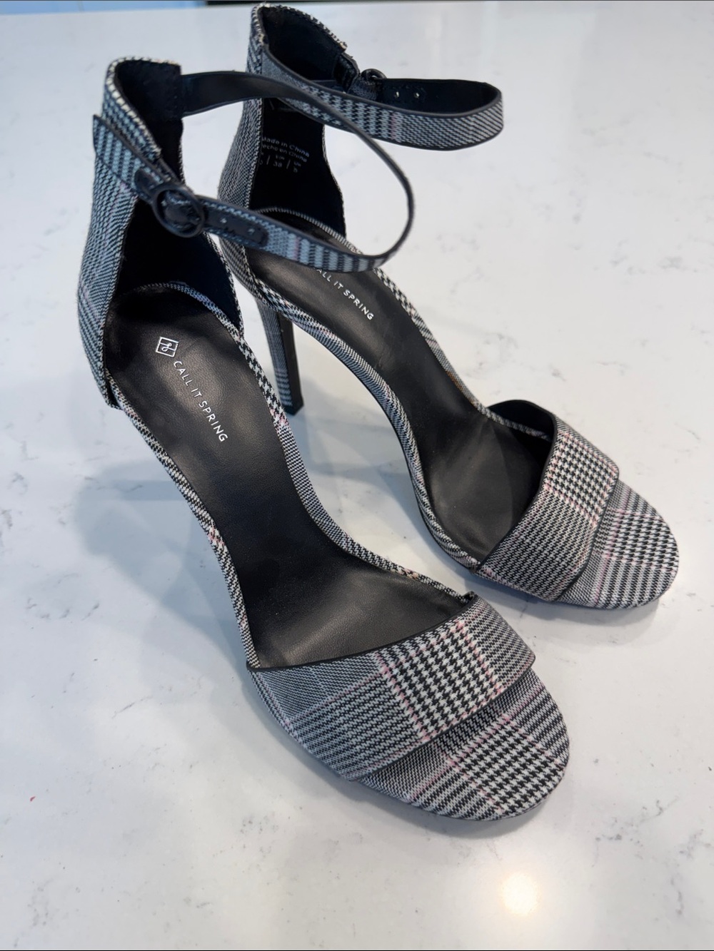 Call It Spring Black and Gray Plaid Ankle-Strap Stiletto Heels